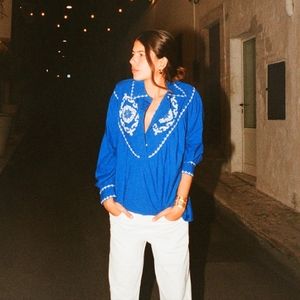 Zara Contrasting Embroidered Poplin Shirt Cobalt Blue Size Small